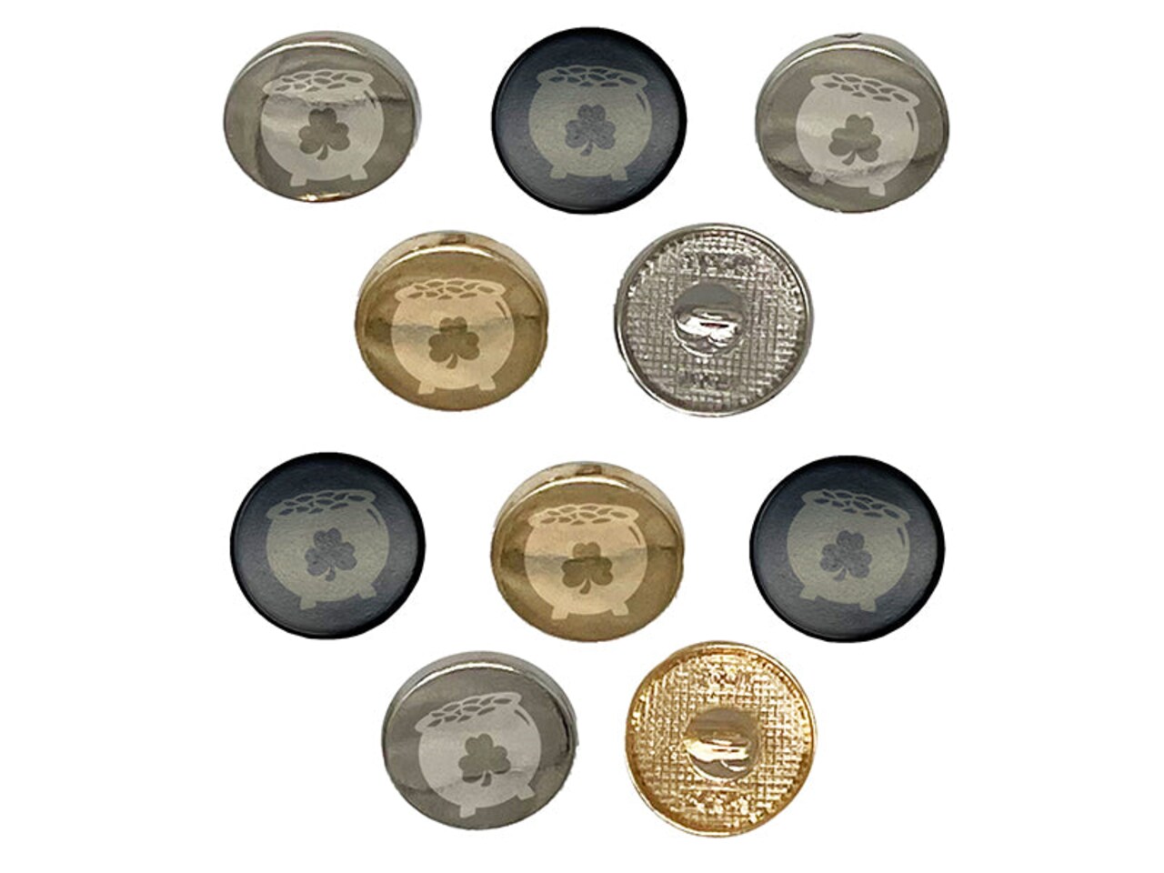 Lucky Pot of Gold with Shamrock Saint Patrick's Day 0.6" (15mm) Round Metal Shank Buttons for Sewing - Set of 10